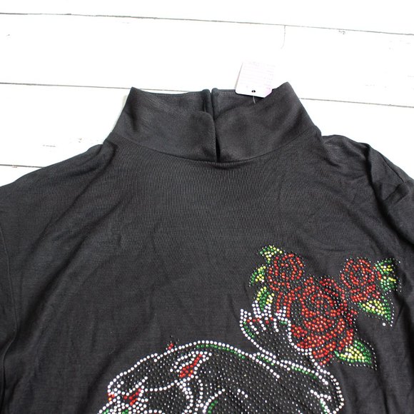 Vintage Womens Top Size S Black High Neck Black Panther Rhinestone - Picture 4 of 8
